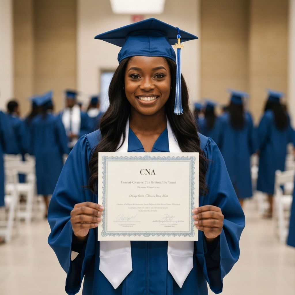 Maria Johnson celebrating her CNA graduation with certificate