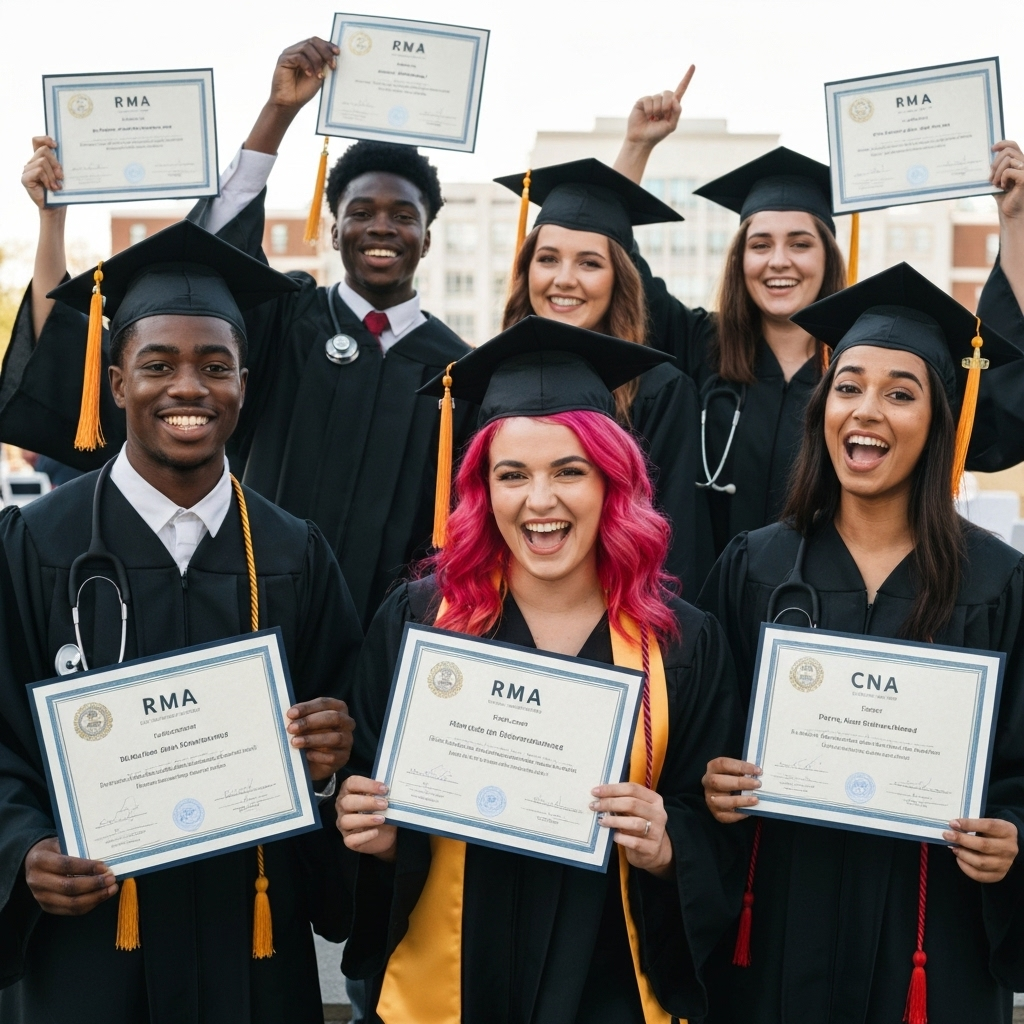 Diverse WNI graduates celebrating with their RMA and CNA certificates