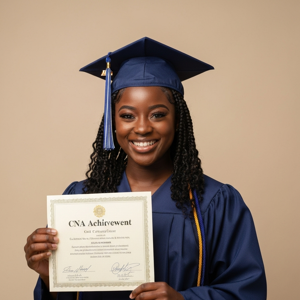 Aisha Smith celebrating her CNA graduation with joy and certificate